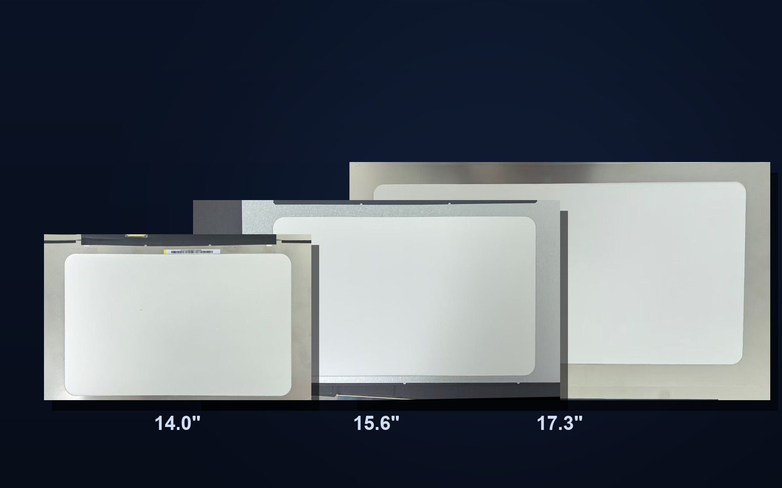 Laptop LCD panels in 14.0, 15.6 and 17.3 inch sizes shown side by side to show the full size range